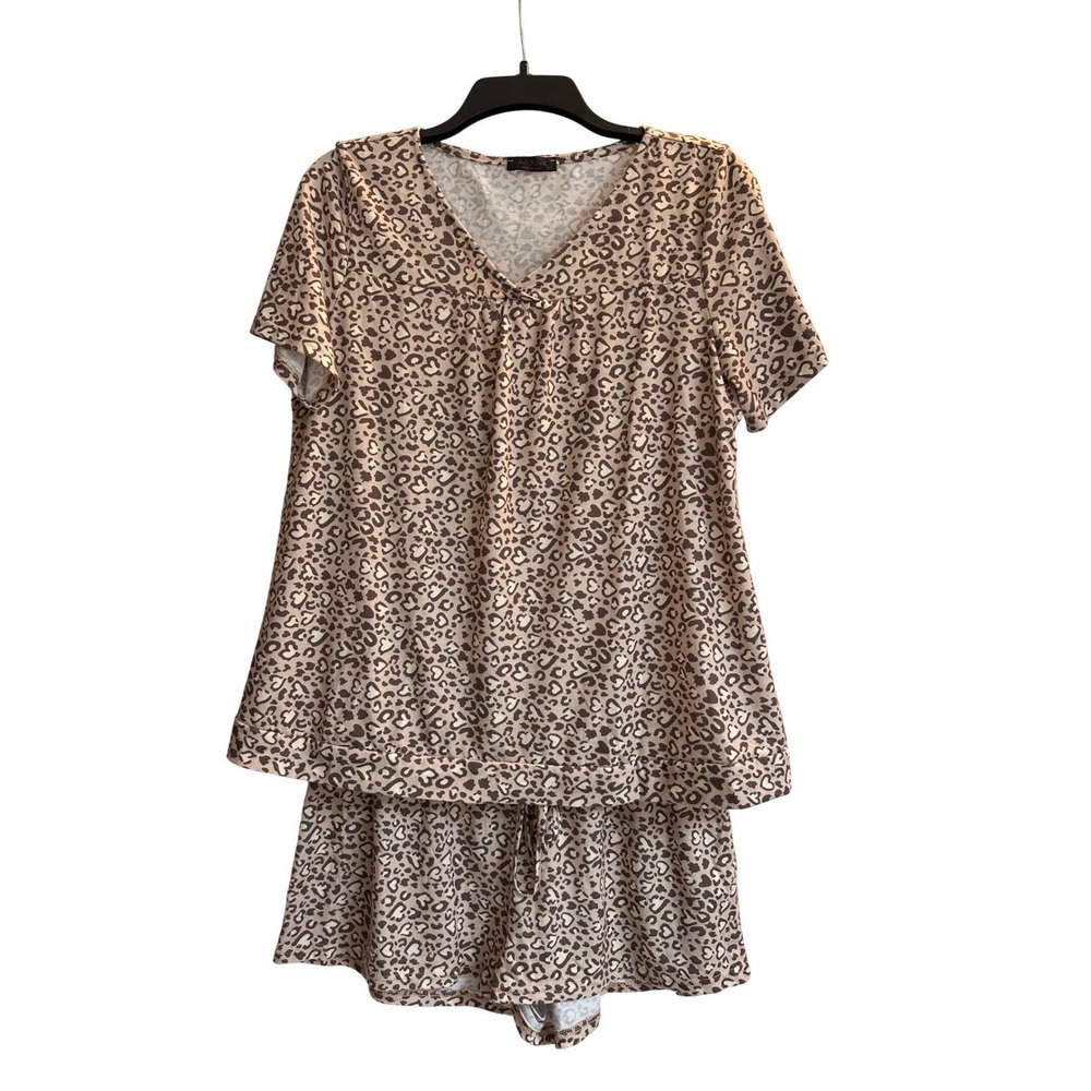 Avidlove Womens Leopard Heart Pajama Set Tan Brown Short Sleeve Shorts L